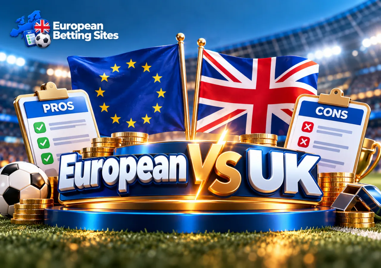 A comparison chart highlights differences between European bookmakers and UK-licensed betting sites.
